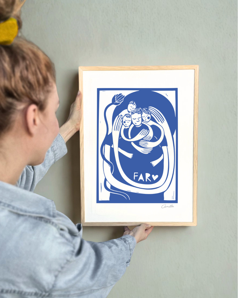 Far med 3 børn - Kunstplakat