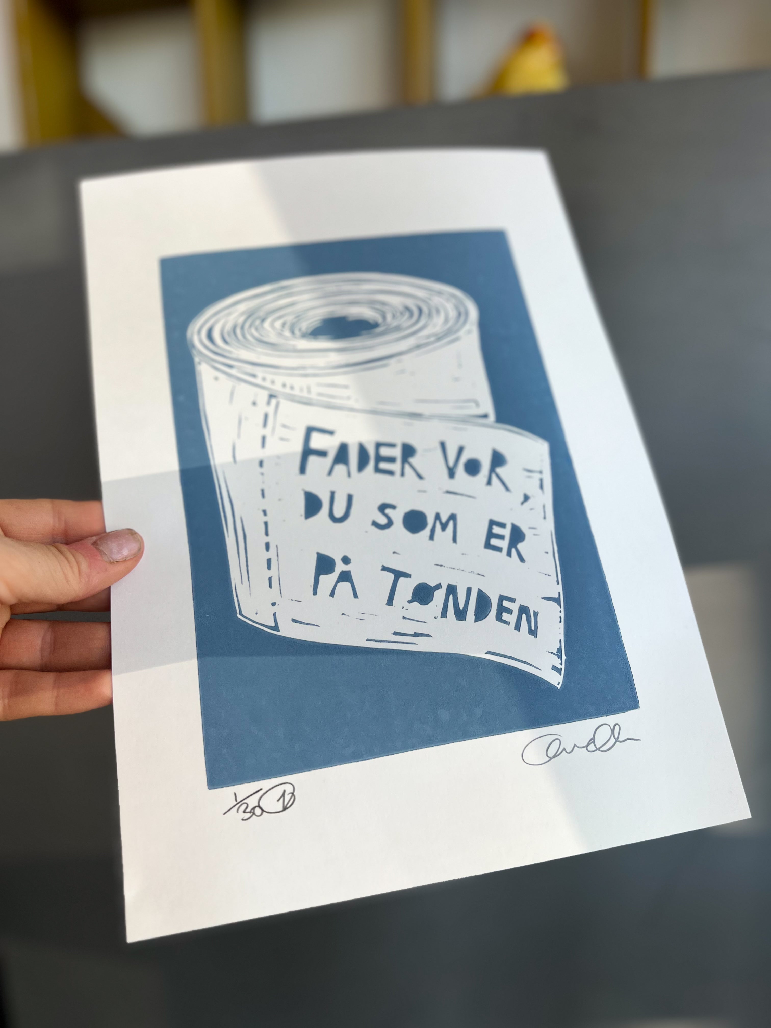 Håndlavet linoleumstryk | Fader Vor, du som er på tønden, A4 | Anette Zimmerlund
