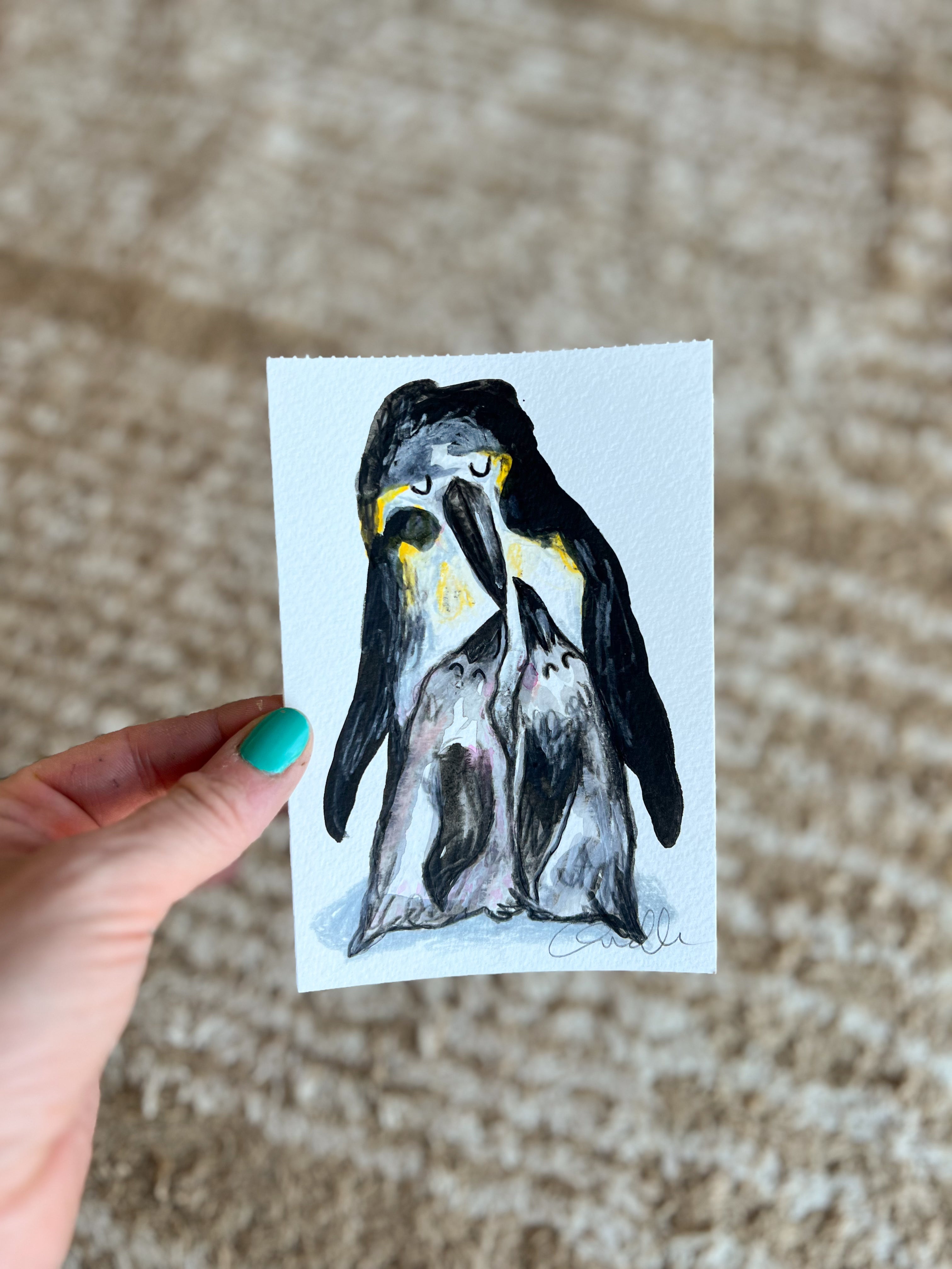 Originalt maleri – Pingvin med unger | Anette Zimmerlund