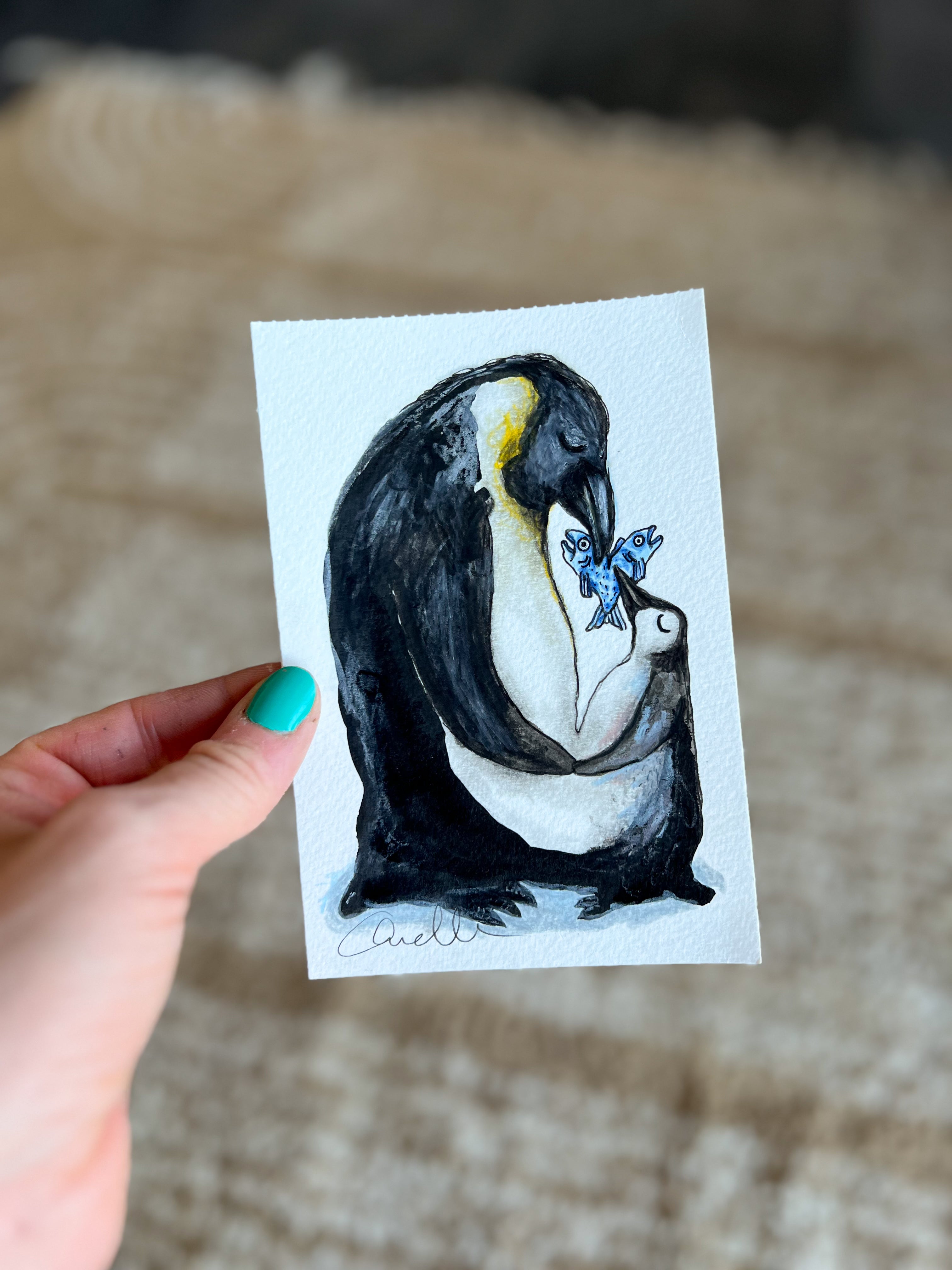 Originalt maleri – Pingvin med unge | Anette Zimmerlund