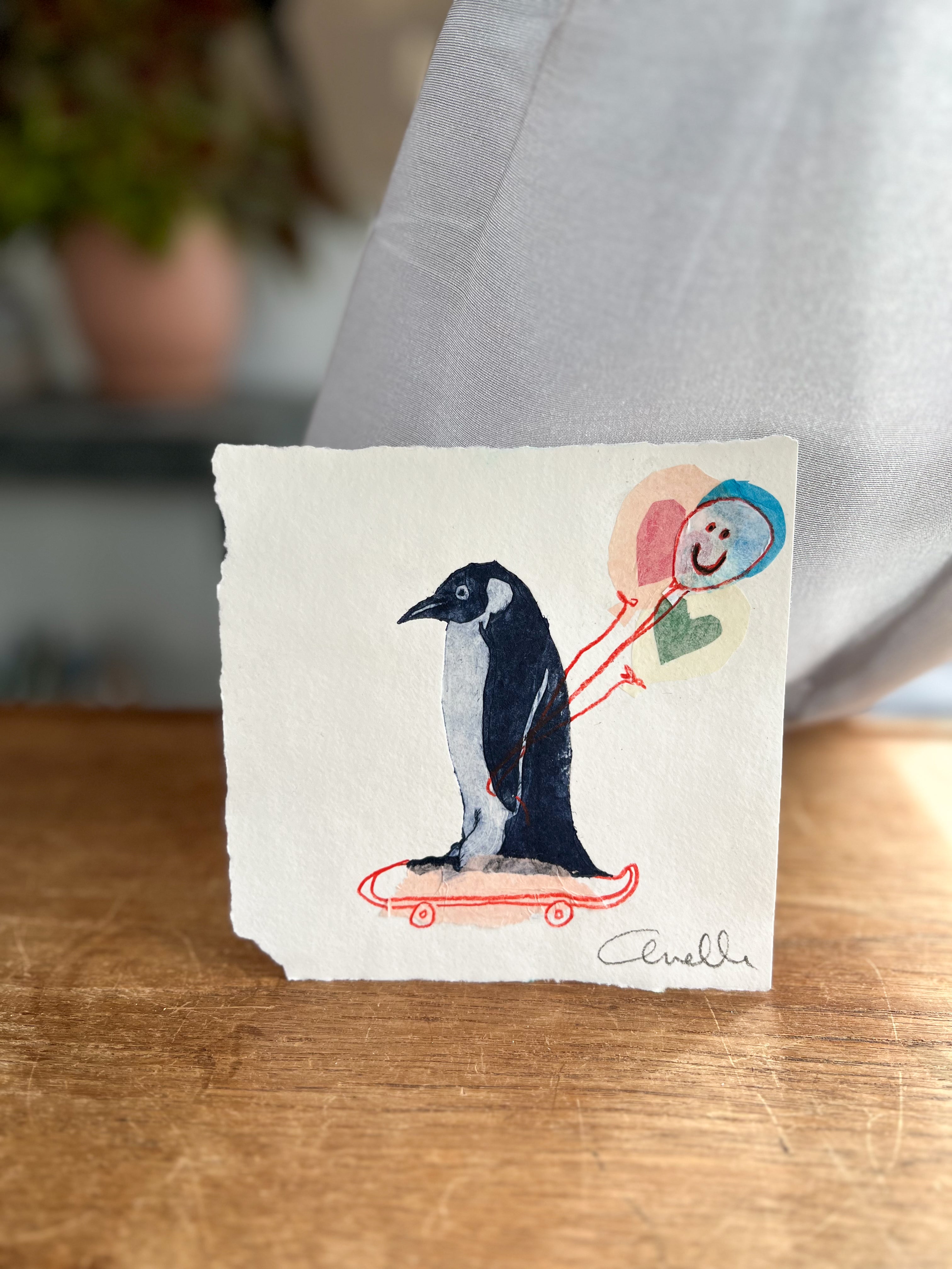 Håndlavet collografi | Pingvin på skateboard | Anette Zimmerlund