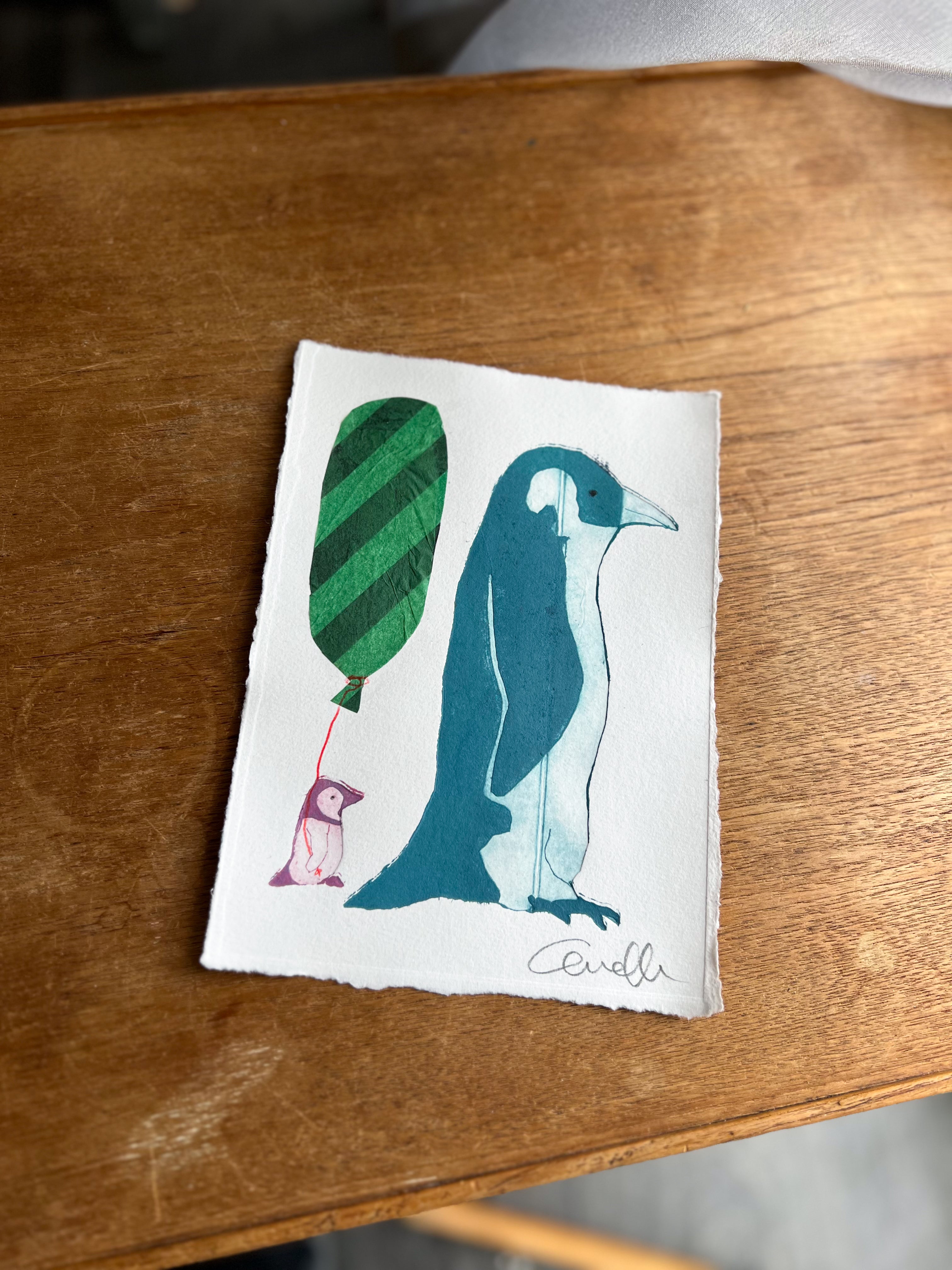 Håndlavet collografi | Pingvin & unge med grøn ballon | Anette Zimmerlund
