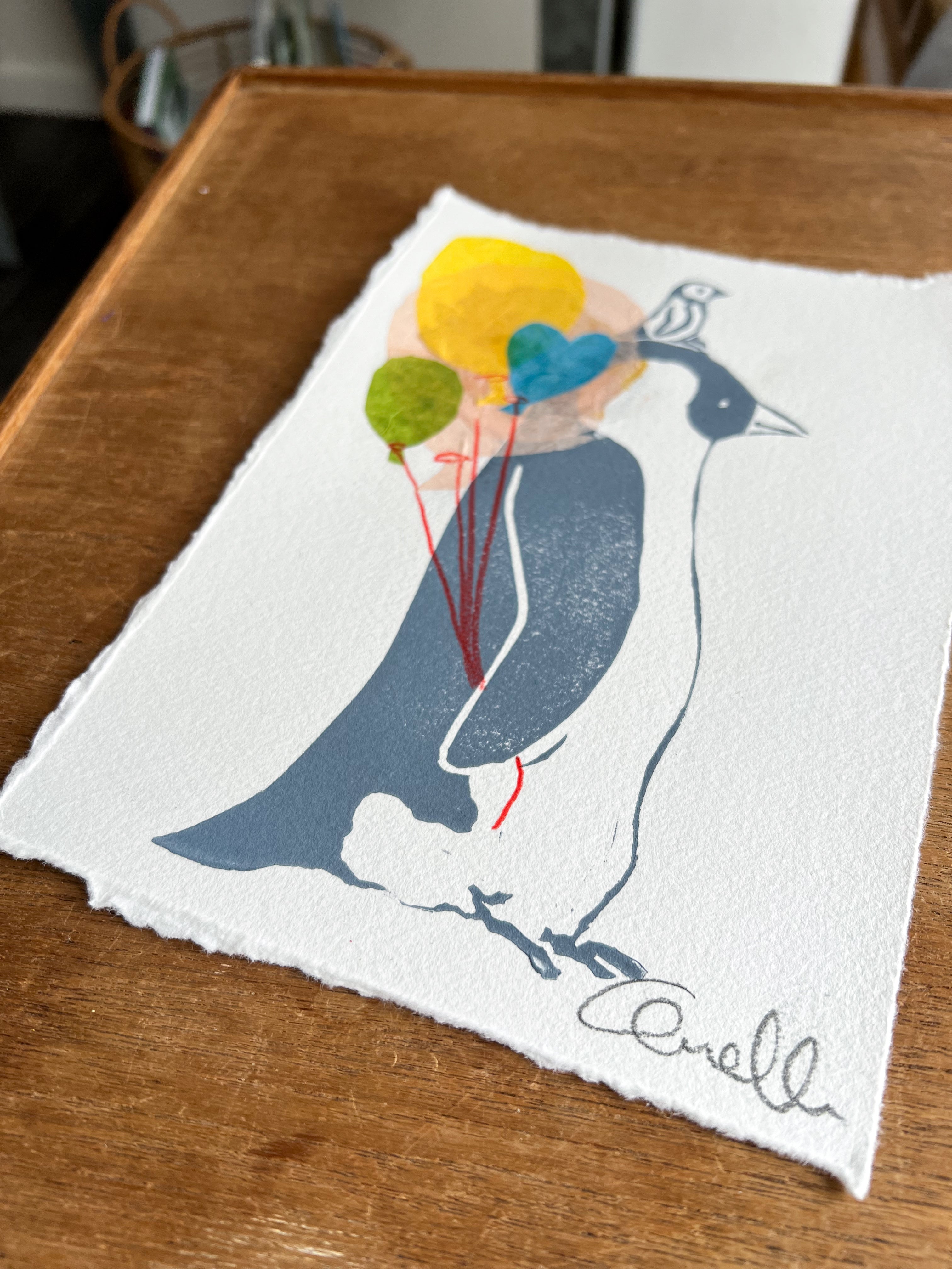Håndlavet collografi | Pingvin & unge med 4 balloner | Anette Zimmerlund