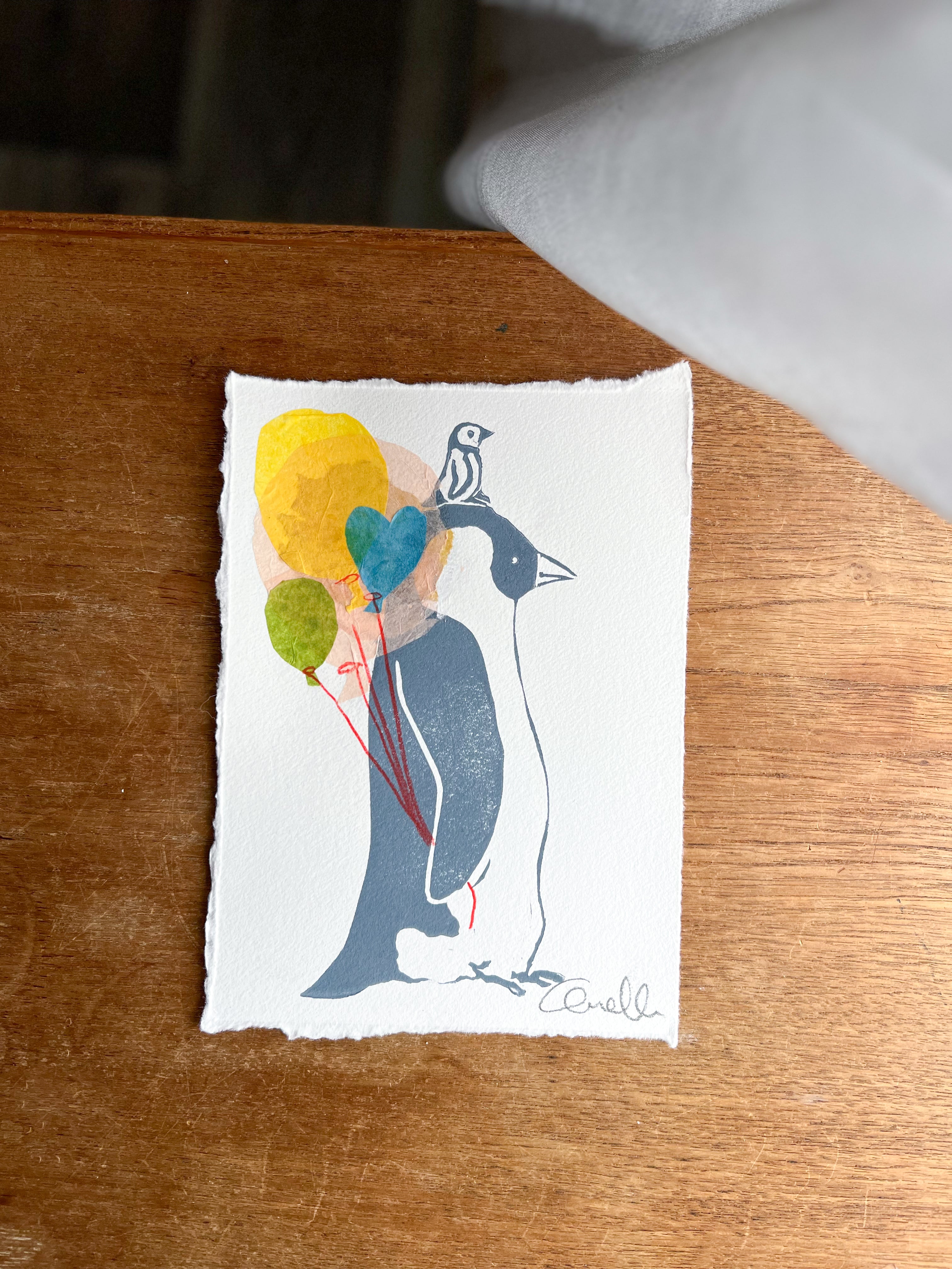 Håndlavet collografi | Pingvin & unge med 4 balloner | Anette Zimmerlund
