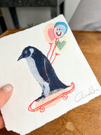 Håndlavet collografi | Pingvin på skateboard | Anette Zimmerlund