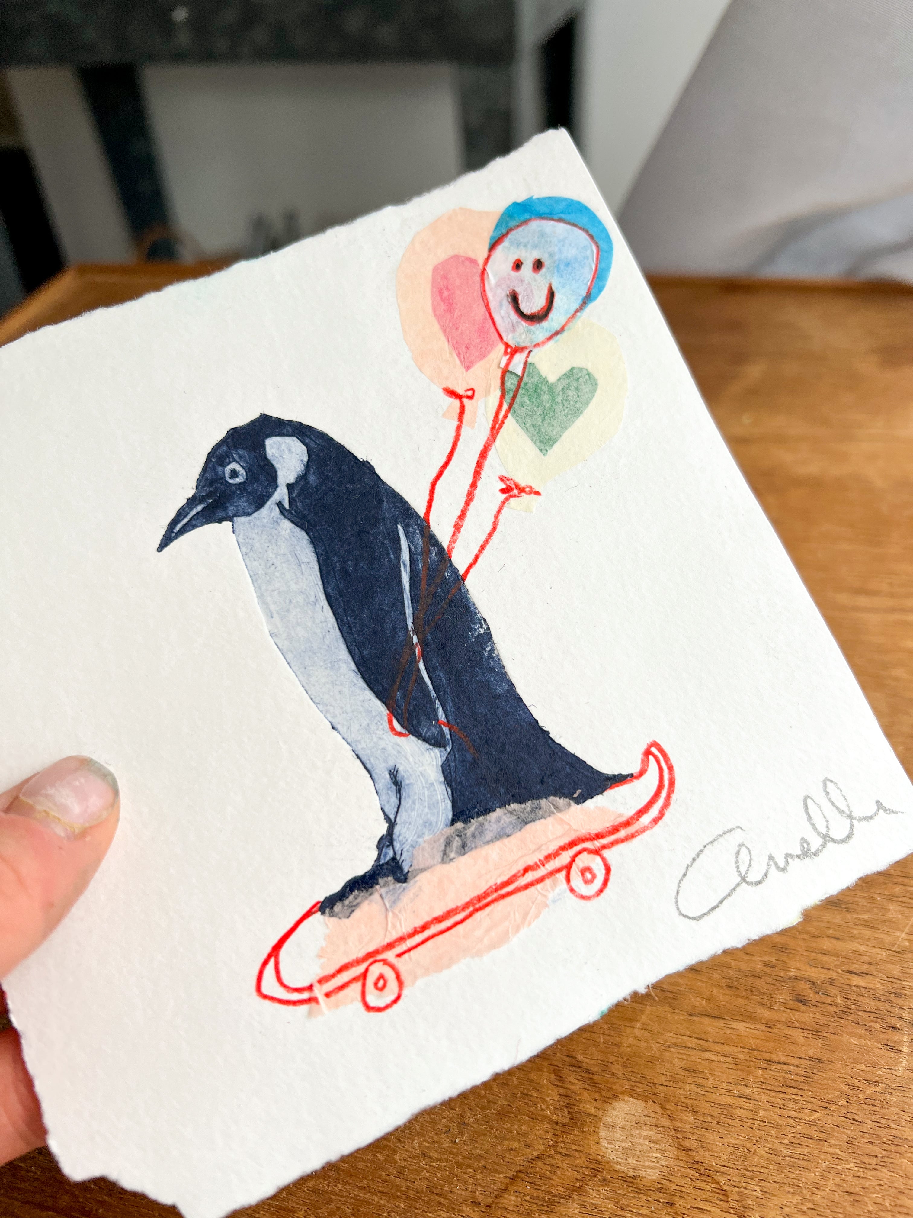 Håndlavet collografi | Pingvin på skateboard | Anette Zimmerlund