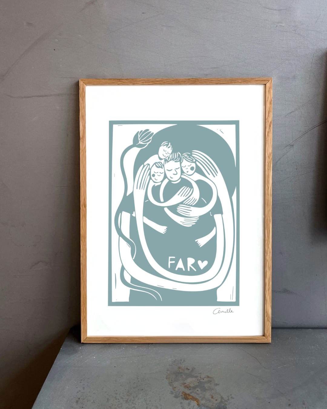 Far med 3 børn - Kunstplakat