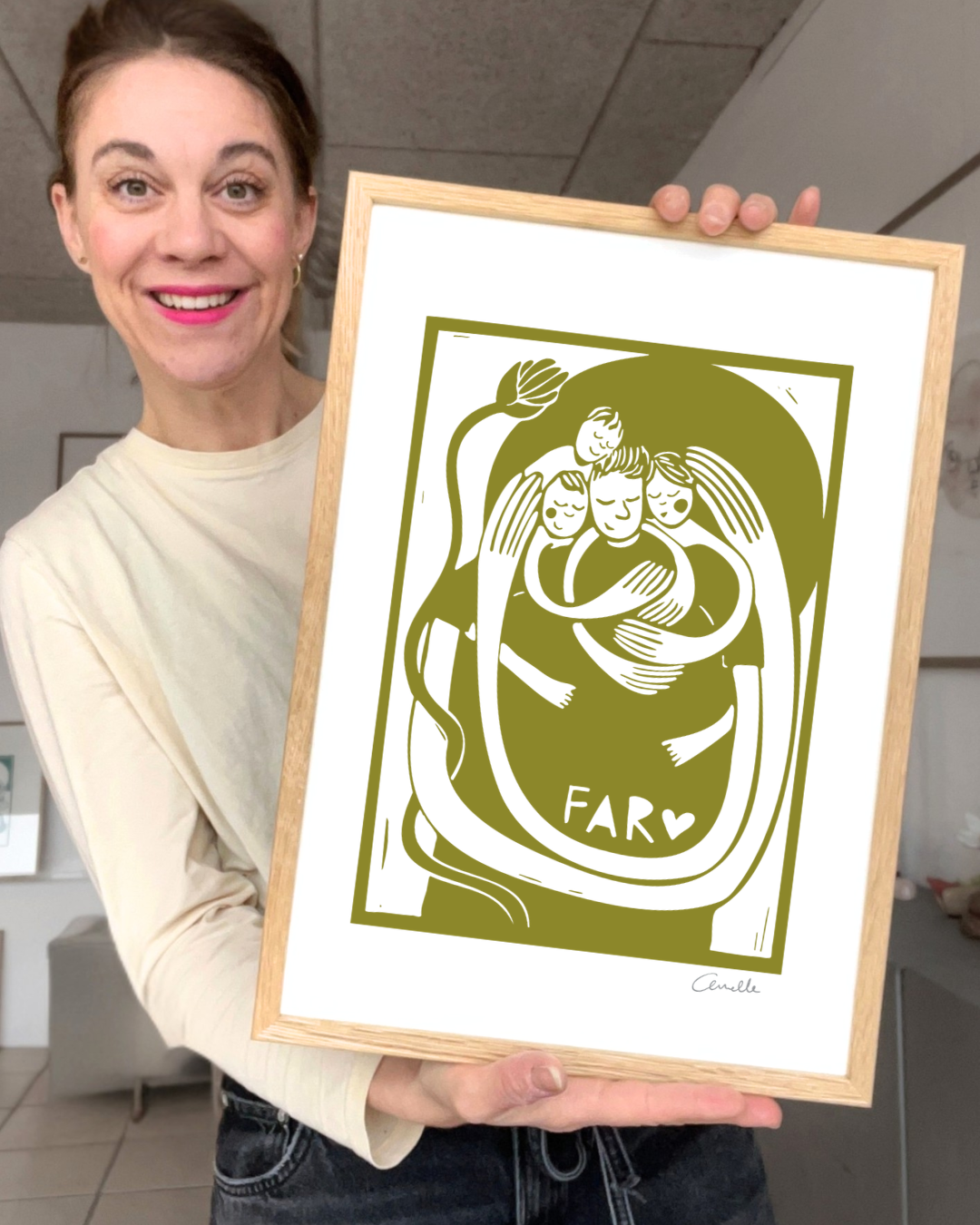 Far med 3 børn - Kunstplakat