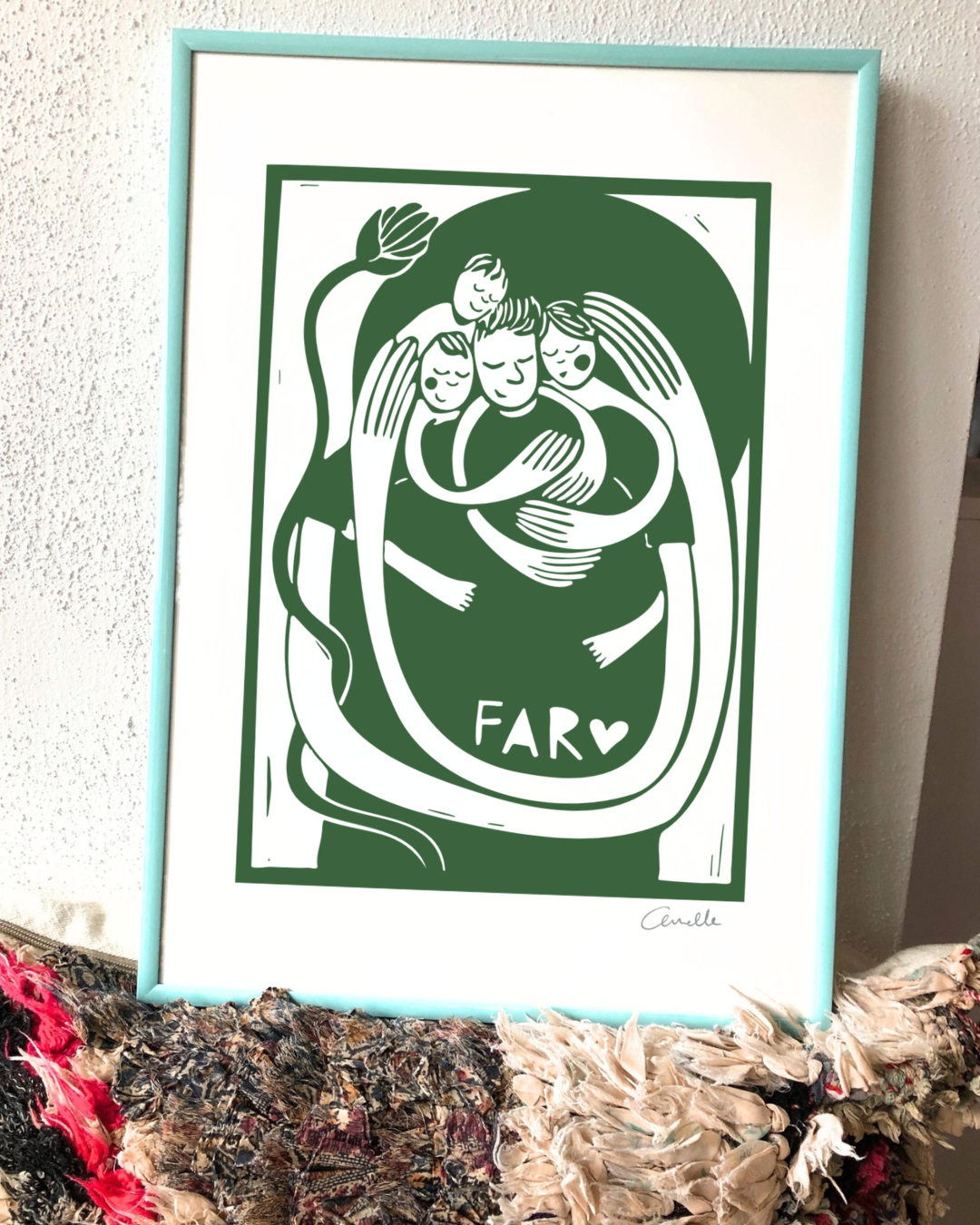 Far med 3 børn - Kunstplakat