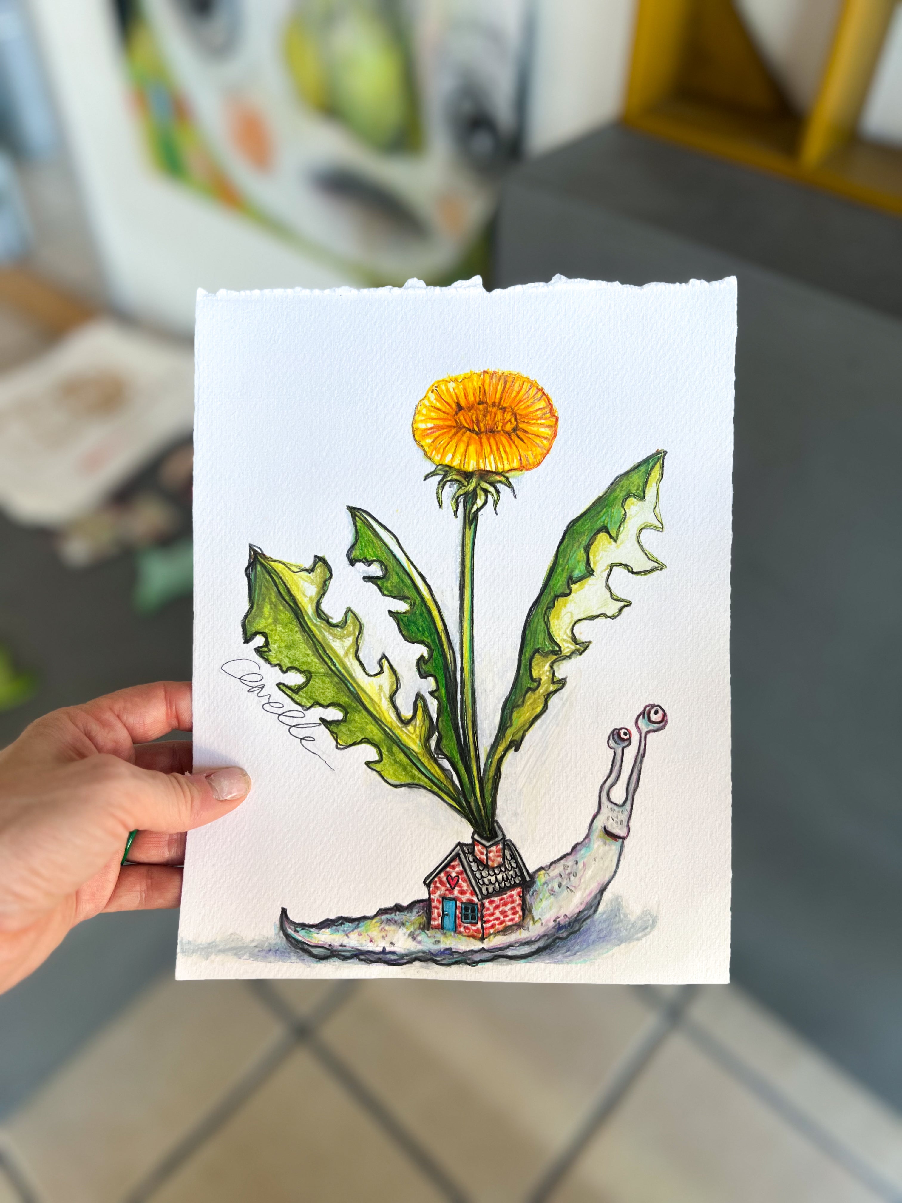 Håndlavet collografi | Mælkebøtte i sneglehus | Anette Zimmerlund