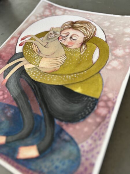 Mixed Media værk med titlen Aben flytter ud