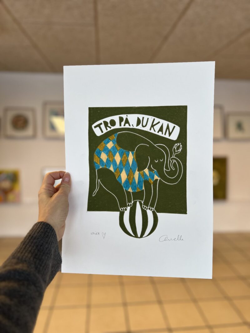 Tro på, du kan harlekin mixed media linoleumstryk elefant