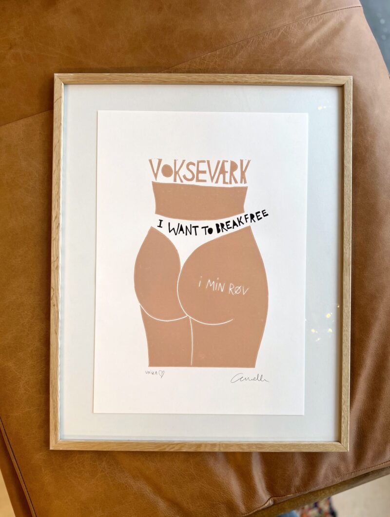 Vokseværk i min røv Mixed Media Linoleumstryk