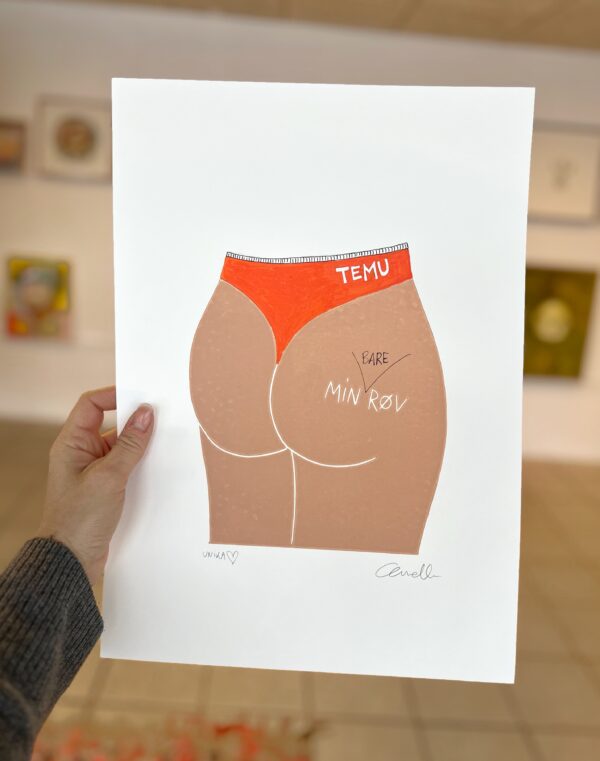Temu Min bare røv linoleumstryk mixed media