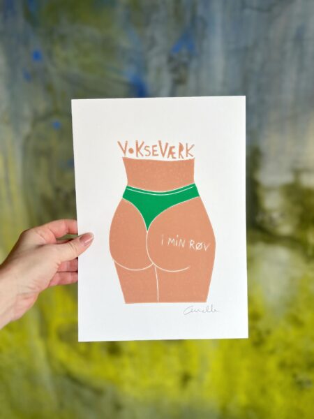Vokseværk i min røv grøn rød linoleumstryk