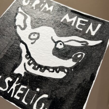 akvarelmaleri med titlen grim men elskelig med hund 15*15 cm