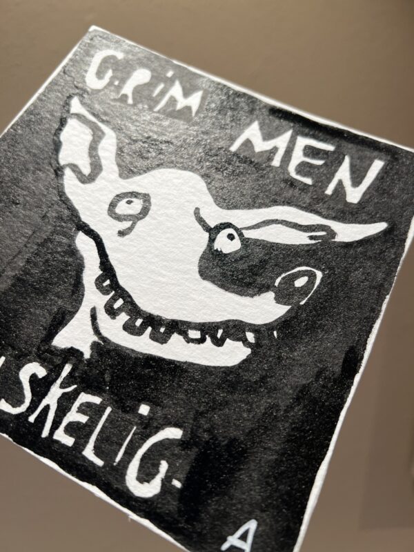 akvarelmaleri med titlen grim men elskelig med hund 15*15 cm