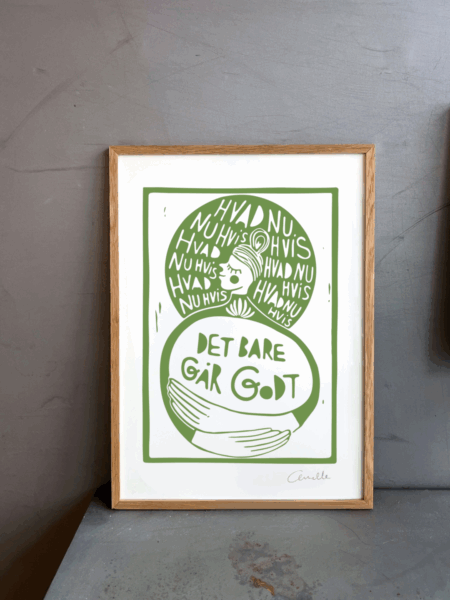 Kunstplakat med titlen Hvad nu hvis i grøn