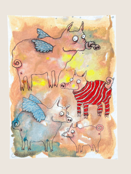 Maleri med titlen 4 akavede svin