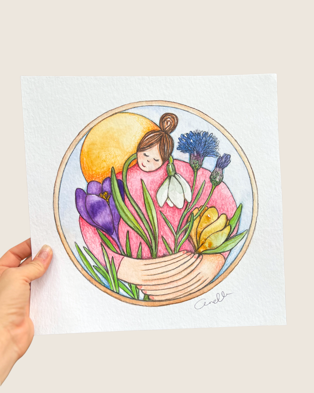 kunstvæk med titlen kvinde med forårsblomster