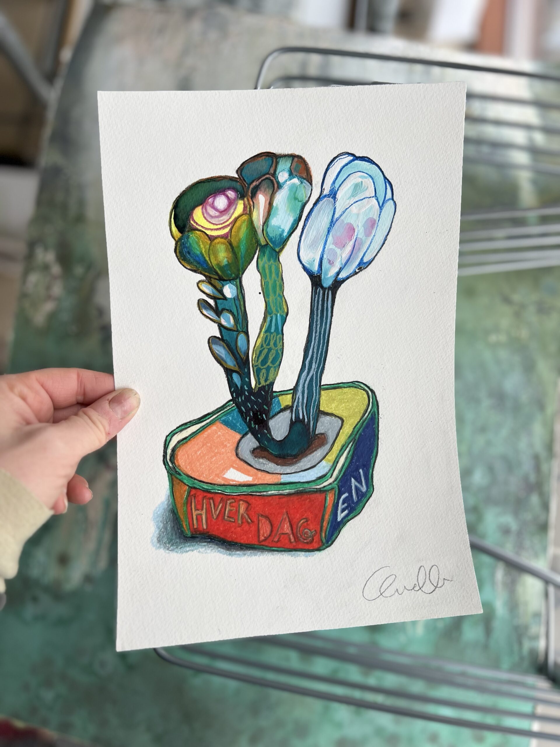 Leverpostej med 3 unikke blomster - originalt maleri