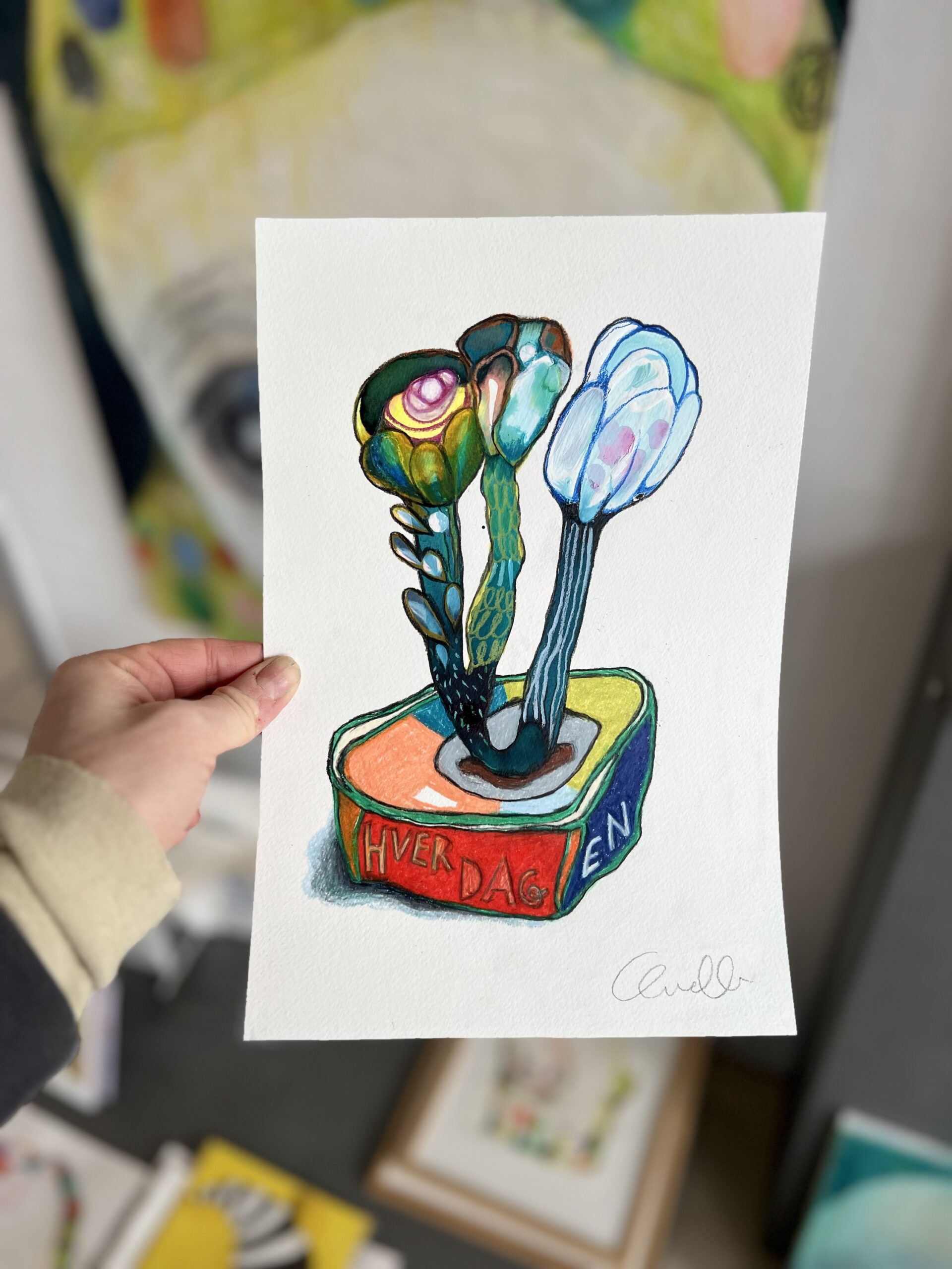 Leverpostej med 3 unikke blomster - originalt maleri - Billede 2