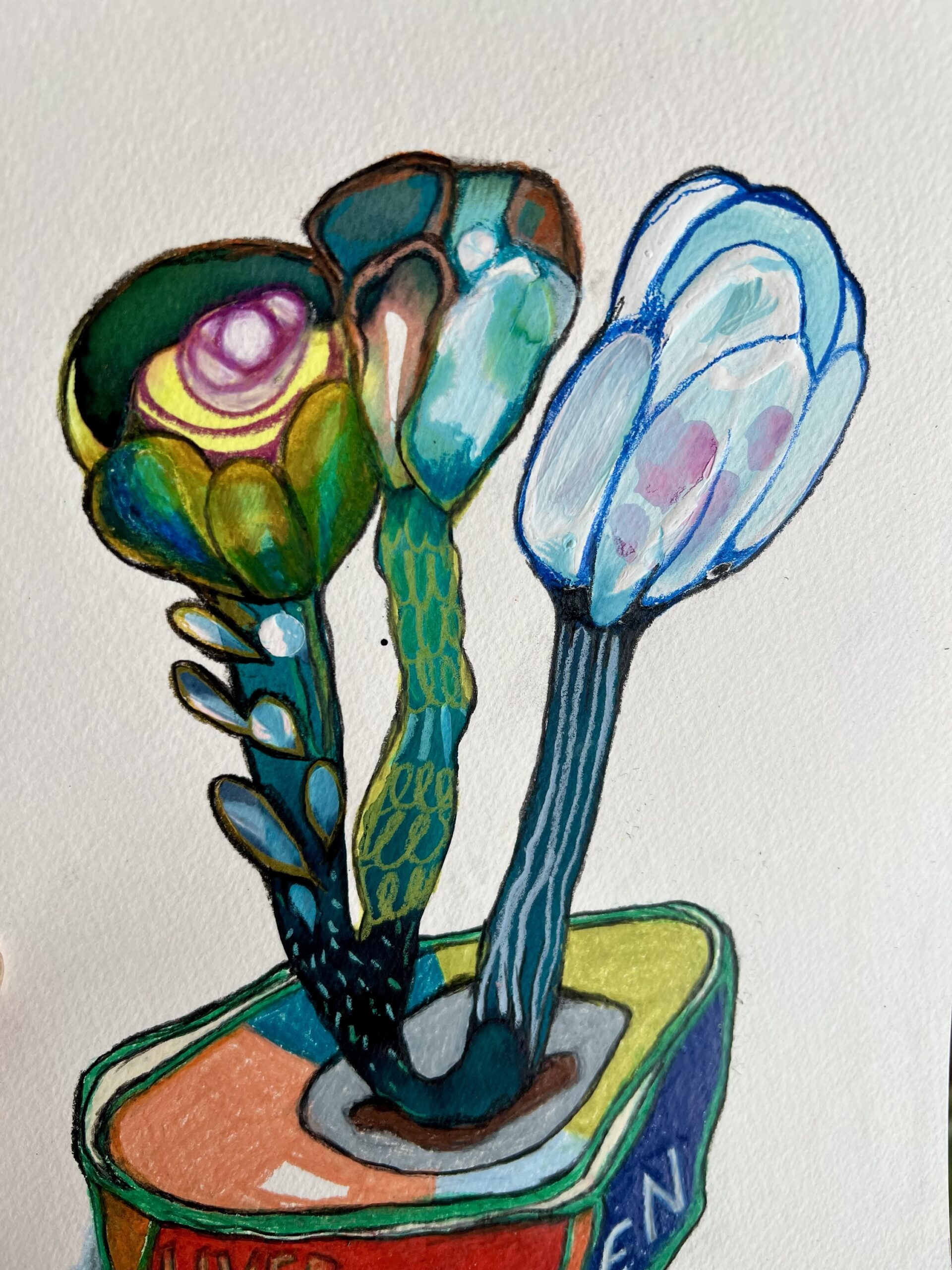 Leverpostej med 3 unikke blomster - originalt maleri - Billede 3